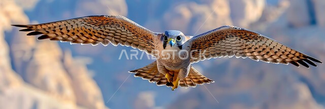 طائر الصقر يحلق في إحدى المحميات الطبيعية، رمز القوة والتحدي وحدة البصر، إقامة نادي الصقور في موسم الصيد السنوي في المملكة العربية السعودية، الفخر بالتراث السعودي العريق في تدريب وترويض الطيور الجارحة والمفترسة