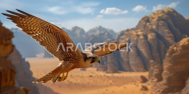 طائر الصقر يحلق في إحدى المحميات الطبيعية، رمز القوة والتحدي وحدة البصر، إقامة نادي الصقور في موسم الصيد السنوي في المملكة العربية السعودية، الفخر بالتراث السعودي العريق في تدريب وترويض الطيور الجارحة والمفترسة