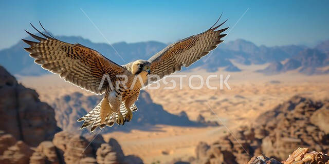 طائر الصقر يحلق في إحدى المحميات الطبيعية، رمز القوة والتحدي وحدة البصر، إقامة نادي الصقور في موسم الصيد السنوي في المملكة العربية السعودية، الفخر بالتراث السعودي العريق في تدريب وترويض الطيور الجارحة والمفترسة