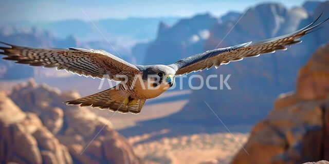 طائر الصقر يحلق في إحدى المحميات الطبيعية، رمز القوة والتحدي وحدة البصر، إقامة نادي الصقور في موسم الصيد السنوي في المملكة العربية السعودية، الفخر بالتراث السعودي العريق في تدريب وترويض الطيور الجارحة والمفترسة