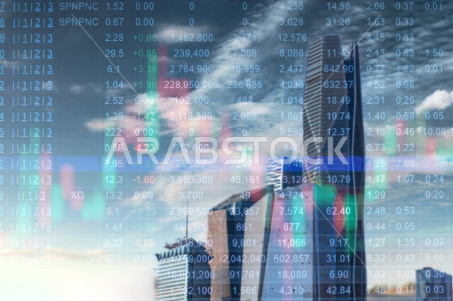 صورة مقربة لرسومات بيانية اقتصادية مع خلفيه المركز المالي، تقنية الهولوجرام ثلاثية الابعاد، صعود و نزول البورصة المالية، الاستثمار المالي والاقتصادي في السعودية، تقنيات متطورة