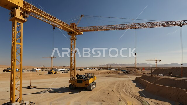 موقع بناء مزدحم بالآلات والمعدات الثقيله والرافعات والسقالات العالية, اعمال البناء وصب الخرسانات ووضع الأساسات, تنفيذ مخطط الإعمار وتشكيل الهيكل المعدني, مفهوم الهندسة الانشائية والمعمارية، مبنى قيد الانشاء في المملكة العربية السعودية