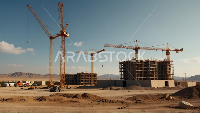 موقع بناء مزدحم بالآلات والمعدات الثقيله والرافعات والسقالات العالية, اعمال البناء وصب الخرسانات ووضع الأساسات, تنفيذ مخطط الإعمار وتشكيل الهيكل المعدني, مفهوم الهندسة الانشائية والمعمارية، مبنى قيد الانشاء في الامارات العربية المتحدة