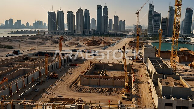 موقع بناء مزدحم بالآلات والمعدات الثقيله والرافعات والسقالات العالية, اعمال البناء وصب الخرسانات ووضع الأساسات, تنفيذ مخطط الإعمار وتشكيل الهيكل المعدني, مفهوم الهندسة الانشائية والمعمارية، مبنى قيد الانشاء في الامارات العربية المتحدة