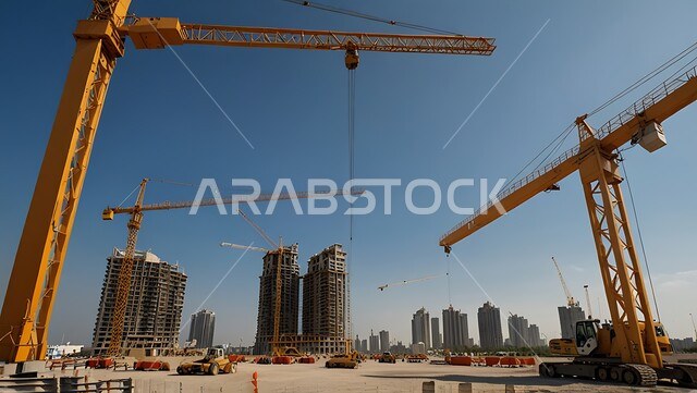 موقع بناء مزدحم بالآلات والمعدات الثقيله والرافعات والسقالات العالية, اعمال البناء وصب الخرسانات ووضع الأساسات, تنفيذ مخطط الإعمار وتشكيل الهيكل المعدني, مفهوم الهندسة الانشائية والمعمارية، مبنى قيد الانشاء في الامارات العربية المتحدة