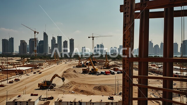 موقع بناء مزدحم بالآلات والمعدات الثقيله والرافعات والسقالات العالية, اعمال البناء وصب الخرسانات ووضع الأساسات, تنفيذ مخطط الإعمار وتشكيل الهيكل المعدني, مفهوم الهندسة الانشائية والمعمارية، مبنى قيد الانشاء في الامارات العربية المتحدة