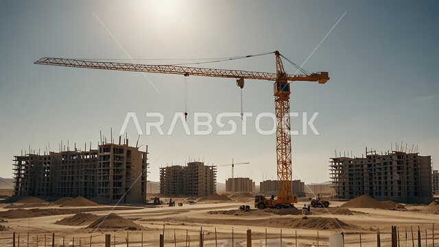 موقع بناء مزدحم بالآلات والمعدات الثقيله والرافعات والسقالات العالية, اعمال البناء وصب الخرسانات ووضع الأساسات, تنفيذ مخطط الإعمار وتشكيل الهيكل المعدني, مفهوم الهندسة الانشائية والمعمارية، مبنى قيد الانشاء في الامارات العربية المتحدة