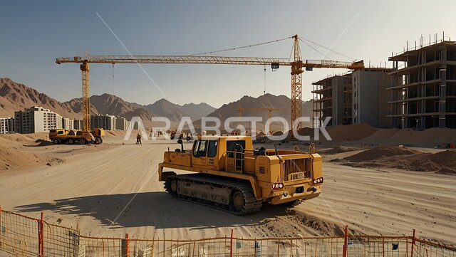 مفهوم الهندسة الانشائية والمعمارية, موقع بناء مزدحم بالآلات والمعدات الثقيلة والرافعات والسقالات العالية, اعمال البناء وصب الخرسانات ووضع الأساسات, تنفيذ مخطط الإعمار وتشكيل الهيكل المعدني