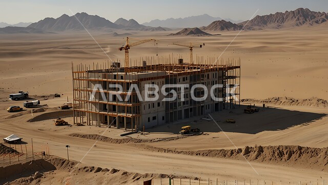 The concept of structural and architectural engineering, a construction site crowded with machinery, heavy equipment, cranes and high scaffolding, construction work, pouring concrete and laying foundations, implementing the reconstruction plan and forming the metal structure