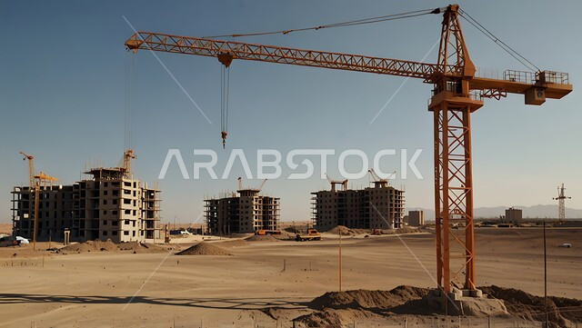 مفهوم الهندسة الانشائية والمعمارية, موقع بناء مزدحم بالآلات والمعدات الثقيلة والرافعات والسقالات العالية, اعمال البناء وصب الخرسانات ووضع الأساسات, تنفيذ مخطط الإعمار وتشكيل الهيكل المعدني