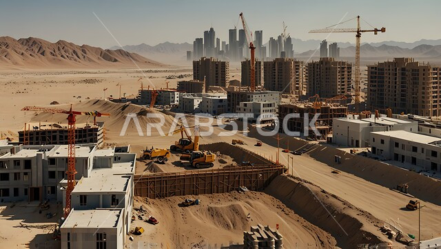 مفهوم الهندسة الانشائية والمعمارية, موقع بناء مزدحم بالآلات والمعدات الثقيلة والرافعات والسقالات العالية, اعمال البناء وصب الخرسانات ووضع الأساسات, تنفيذ مخطط الإعمار وتشكيل الهيكل المعدني