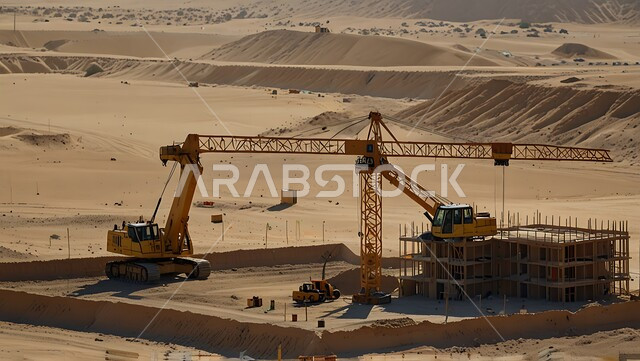 The concept of structural and architectural engineering, a construction site crowded with machinery, heavy equipment, cranes and high scaffolding, construction work, pouring concrete and laying foundations, implementing the reconstruction plan and forming the metal structure