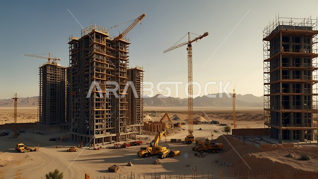 مفهوم الهندسة الانشائية والمعمارية, موقع بناء مزدحم بالآلات والمعدات الثقيلة والرافعات والسقالات العالية, اعمال البناء وصب الخرسانات ووضع الأساسات, تنفيذ مخطط الإعمار وتشكيل الهيكل المعدني