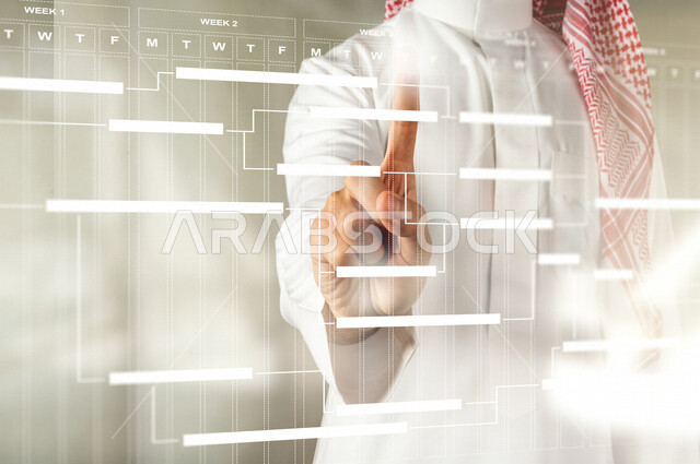 صورة مقربة ليد رجل عربي خليجي سعودي يضغط بأصبعه على رسومات بيانية، خطة شهرية، تحديد اليوم والاسبوع من خلال تقنية الهولوجرام ثلاثية الابعاد، تقنيات متطورة