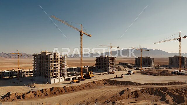 مفهوم الهندسة الانشائية والمعمارية, موقع بناء مزدحم بالآلات والمعدات الثقيلة والرافعات والسقالات العالية, اعمال البناء وصب الخرسانات ووضع الأساسات, تنفيذ مخطط الإعمار وتشكيل الهيكل المعدني