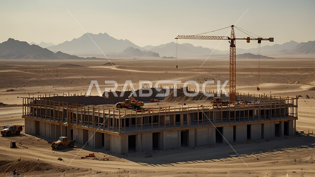 The concept of structural and architectural engineering, a construction site crowded with machinery, heavy equipment, cranes and high scaffolding, construction work, pouring concrete and laying foundations, implementing the reconstruction plan and forming the metal structure