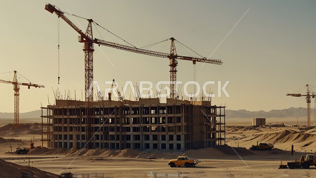 مفهوم الهندسة الانشائية والمعمارية, موقع بناء مزدحم بالآلات والمعدات الثقيلة والرافعات والسقالات العالية, اعمال البناء وصب الخرسانات ووضع الأساسات, تنفيذ مخطط الإعمار وتشكيل الهيكل المعدني