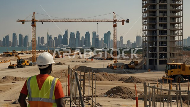تنفيذ مخطط الإعمار وتشكيل الهيكل المعدني, صورة من الخلف لمهندس عربي خليجي امارتي يرتدي السترة وخوذة الحماية يقف في موقع العمل, مفهوم الهندسة الانشائية والمعمارية, اعمال البناء وصب الخرسانات ووضع الأساسات