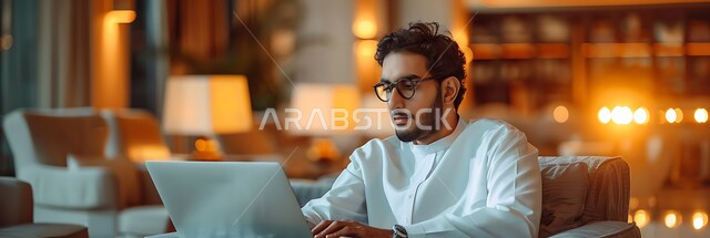 إجراء مقابلات عمل أونلاين, استخدام الأجهزة والتقنيات الحديثة لتسهيل الأعمال, صورة مقربة لشاب عربي سعودي خليجي يرتدي الثوب التقليدي يجلس ويعمل على جهازالحاسوب المحمول ، مهن ووظائف سعودية، ايماءات وتعابير التركيز والاندماج