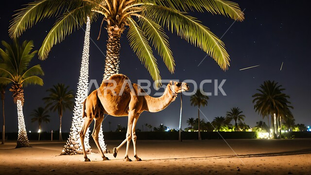 مفهوم تربية الناقة في البادية، حيوان الابل يقف في احدى المحميات ليلا في المملكة العربية السعودية، استخدام الحيوانات للتنقل والترحال، الاهتمام بالتشجير والعناية في الثدييات, الرمال الذهبية الناعمة،