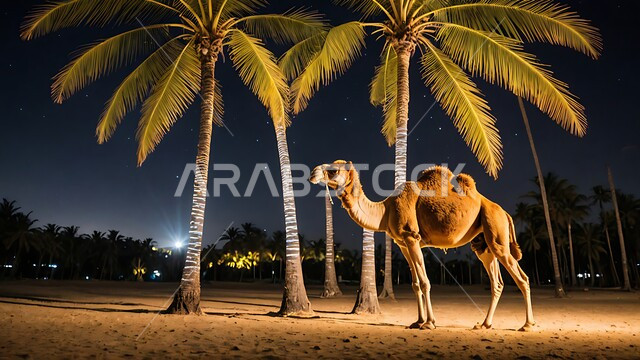 The concept of raising camels in the desert, a camel standing in one of the reserves at night in the Kingdom of Saudi Arabia, using animals for movement and travel, interest in afforestation and care for mammals, soft golden sand,