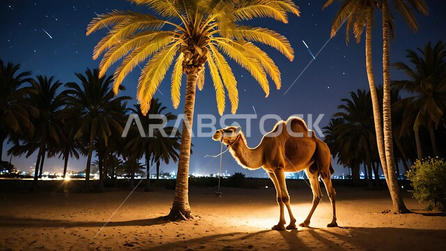 The concept of raising camels in the desert, a camel standing in one of the reserves at night in the Kingdom of Saudi Arabia, using animals for movement and travel, interest in afforestation and care for mammals, soft golden sand,
