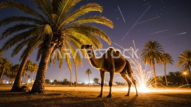 مفهوم تربية الناقة في البادية، حيوان الابل يقف في احدى المحميات ليلا في المملكة العربية السعودية، استخدام الحيوانات للتنقل والترحال، الاهتمام بالتشجير والعناية في الثدييات, الرمال الذهبية الناعمة،
