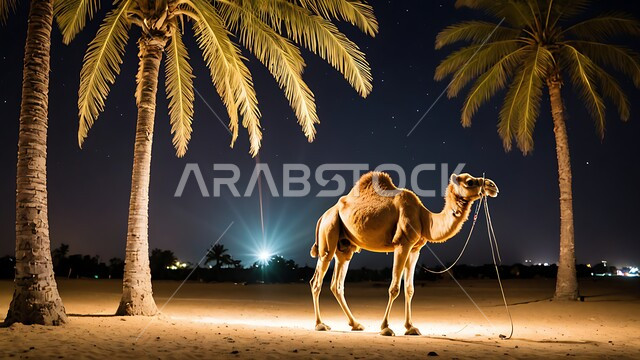 مفهوم تربية الناقة في البادية، حيوان الابل يقف في احدى المحميات ليلا في المملكة العربية السعودية، استخدام الحيوانات للتنقل والترحال، الاهتمام بالتشجير والعناية في الثدييات, الرمال الذهبية الناعمة،