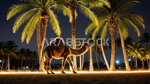 مفهوم تربية الناقة في البادية، حيوان الابل يقف في احدى المحميات ليلا في المملكة العربية السعودية، استخدام الحيوانات للتنقل والترحال، الاهتمام بالتشجير والعناية في الثدييات, الرمال الذهبية الناعمة،