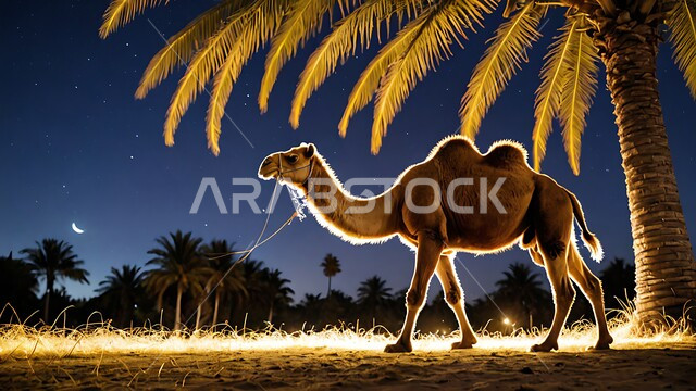 مفهوم تربية الناقة في البادية، حيوان الابل يقف في احدى المحميات ليلا في المملكة العربية السعودية، استخدام الحيوانات للتنقل والترحال، الاهتمام بالتشجير والعناية في الثدييات, الرمال الذهبية الناعمة،