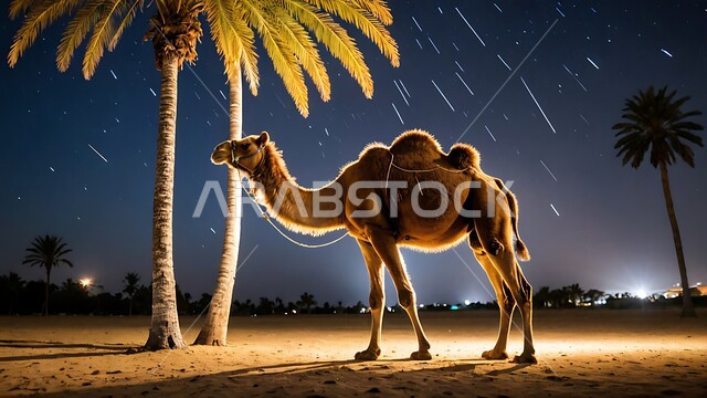 مفهوم تربية الناقة في البادية، حيوان الابل يقف في احدى المحميات ليلا في المملكة العربية السعودية، استخدام الحيوانات للتنقل والترحال، الاهتمام بالتشجير والعناية في الثدييات, الرمال الذهبية الناعمة،