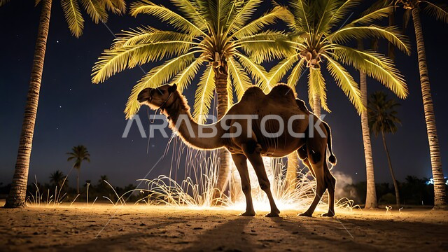 حيوان الابل يقف في احدى المحميات ليلا في المملكة العربية السعودية، مفهوم تربية الناقة في البادية، استخدام الحيوانات للتنقل والترحال، الاهتمام بالتشجير والعناية في الثدييات, الرمال الذهبية الناعمة،