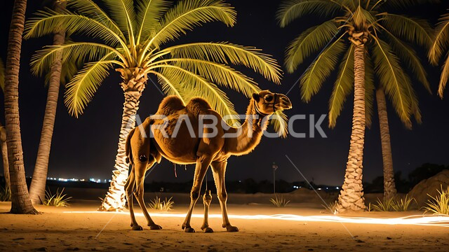 حيوان الابل يقف في احدى المحميات ليلا في المملكة العربية السعودية، مفهوم تربية الناقة في البادية، استخدام الحيوانات للتنقل والترحال، الاهتمام بالتشجير والعناية في الثدييات, الرمال الذهبية الناعمة،