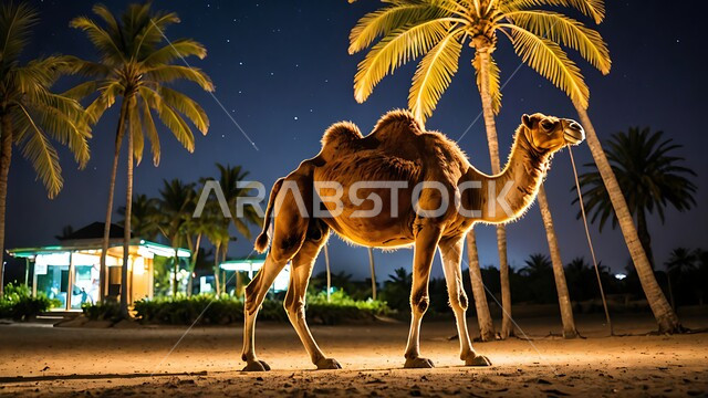 حيوان الابل يقف في احدى المحميات ليلا في المملكة العربية السعودية، مفهوم تربية الناقة في البادية، استخدام الحيوانات للتنقل والترحال، الاهتمام بالتشجير والعناية في الثدييات, الرمال الذهبية الناعمة،