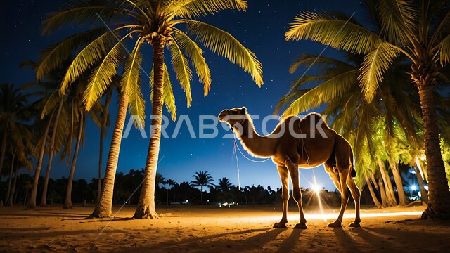 حيوان الابل يقف في احدى المحميات ليلا في المملكة العربية السعودية، مفهوم تربية الناقة في البادية، استخدام الحيوانات للتنقل والترحال، الاهتمام بالتشجير والعناية في الثدييات, الرمال الذهبية الناعمة،