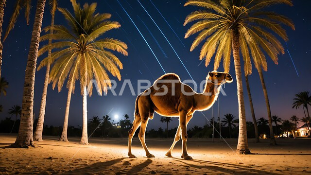 حيوان الابل يقف في احدى المحميات ليلا في المملكة العربية السعودية، مفهوم تربية الناقة في البادية، استخدام الحيوانات للتنقل والترحال، الاهتمام بالتشجير والعناية في الثدييات, الرمال الذهبية الناعمة،