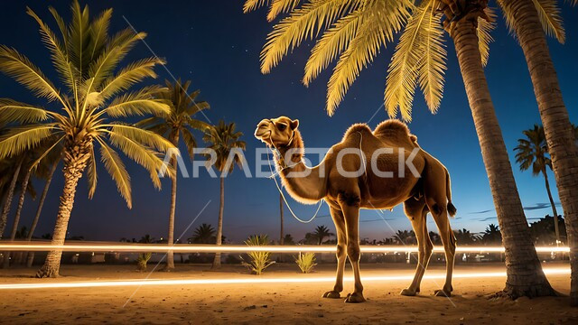 حيوان الابل يقف في احدى المحميات ليلا في المملكة العربية السعودية، مفهوم تربية الناقة في البادية، استخدام الحيوانات للتنقل والترحال، الاهتمام بالتشجير والعناية في الثدييات, الرمال الذهبية الناعمة،