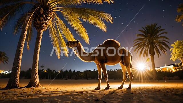 حيوان الابل يقف في احدى المحميات ليلا في المملكة العربية السعودية، مفهوم تربية الناقة في البادية، استخدام الحيوانات للتنقل والترحال، الاهتمام بالتشجير والعناية في الثدييات, الرمال الذهبية الناعمة،