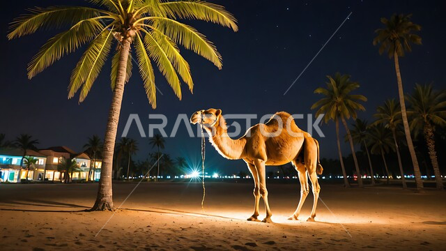 A camel standing in one of the reserves at night in the Kingdom of Saudi Arabia, the concept of raising camels in the desert, using animals for transportation and travel, interest in afforestation and care for mammals, soft golden sand,