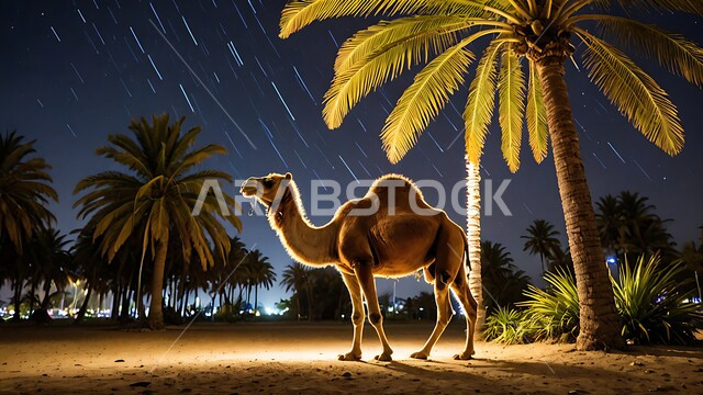 حيوان الابل يقف في احدى المحميات ليلا في المملكة العربية السعودية، مفهوم تربية الناقة في البادية، استخدام الحيوانات للتنقل والترحال، الاهتمام بالتشجير والعناية في الثدييات, الرمال الذهبية الناعمة،