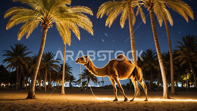 حيوان الابل يقف في احدى المحميات ليلا في المملكة العربية السعودية، مفهوم تربية الناقة في البادية، استخدام الحيوانات للتنقل والترحال، الاهتمام بالتشجير والعناية في الثدييات, الرمال الذهبية الناعمة،