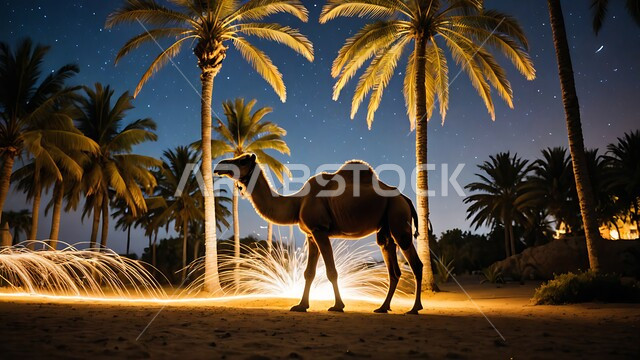 الاهتمام بالتشجير والعناية في الثدييات, الرمال الذهبية الناعمة، لقطة ظلية لحيوان الابل يقف في احدى المحميات ليلا في المملكة العربية السعودية، مفهوم تربية الناقة في البادية، استخدام الحيوانات للتنقل والترحال