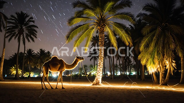 Interest in landscaping and caring for mammals, soft golden sand, a silhouette shot of a camel standing in one of the reserves at night in the Kingdom of Saudi Arabia, the concept of raising camels in the desert, using animals for transportation and travel.