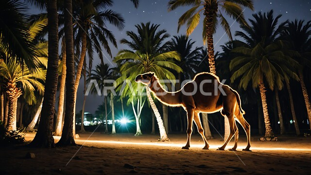 الاهتمام بالتشجير والعناية في الثدييات, الرمال الذهبية الناعمة، لقطة ظلية لحيوان الابل يقف في احدى المحميات ليلا في المملكة العربية السعودية، مفهوم تربية الناقة في البادية، استخدام الحيوانات للتنقل والترحال