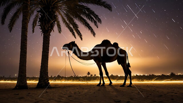 الاهتمام بالتشجير والعناية في الثدييات, الرمال الذهبية الناعمة، لقطة ظلية لحيوان الابل يقف في احدى المحميات ليلا في المملكة العربية السعودية، مفهوم تربية الناقة في البادية، استخدام الحيوانات للتنقل والترحال