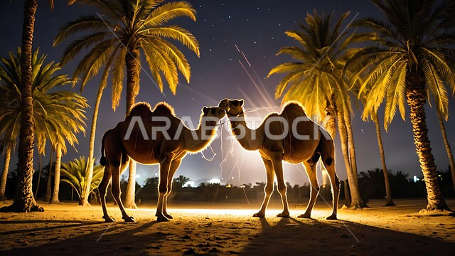 الاهتمام بالتشجير والعناية في الثدييات, الرمال الذهبية الناعمة، لقطة ظلية لحيوان الابل يقف في احدى المحميات ليلا في المملكة العربية السعودية، مفهوم تربية الناقة في البادية، استخدام الحيوانات للتنقل والترحال