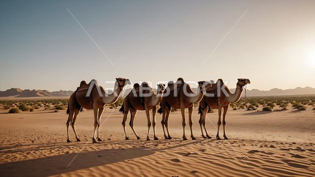 تشكل التلال والكثبان الرملية في صحاري المملكة العربية السعودية، الاهتمام برعاية الحيوانات البرية في البادية، قطيع من الابل يمشي على الرمال الذهبية الناعمة في الصحراء، تربية الجمال والناقات في محمية طبيعية بالمناطق الصحراوية