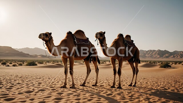 تشكل التلال والكثبان الرملية في صحاري المملكة العربية السعودية، الاهتمام برعاية الحيوانات البرية في البادية، قطيع من الابل يمشي على الرمال الذهبية الناعمة في الصحراء، تربية الجمال والناقات في محمية طبيعية بالمناطق الصحراوية