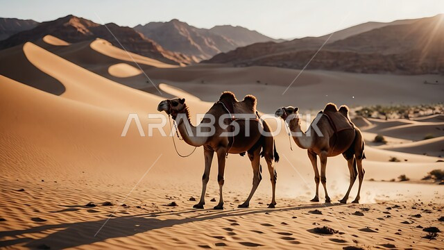تشكل التلال والكثبان الرملية في صحاري المملكة العربية السعودية، الاهتمام برعاية الحيوانات البرية في البادية، قطيع من الابل يمشي على الرمال الذهبية الناعمة في الصحراء، تربية الجمال والناقات في محمية طبيعية بالمناطق الصحراوية