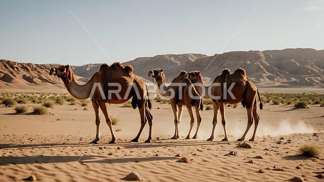 تشكل التلال والكثبان الرملية في صحاري المملكة العربية السعودية، الاهتمام برعاية الحيوانات البرية في البادية، قطيع من الابل يمشي على الرمال الذهبية الناعمة في الصحراء، تربية الجمال والناقات في محمية طبيعية بالمناطق الصحراوية